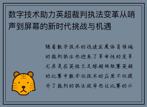 数字技术助力英超裁判执法变革从哨声到屏幕的新时代挑战与机遇