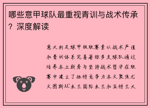 哪些意甲球队最重视青训与战术传承？深度解读