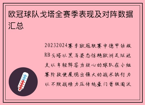 欧冠球队戈塔全赛季表现及对阵数据汇总