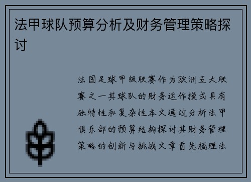 法甲球队预算分析及财务管理策略探讨